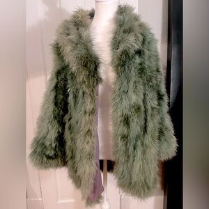 Original blue/grey vintage feather jacket with purple satin lining.